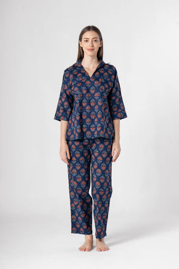 Blue Flower Printed Cotton Night Suit Set