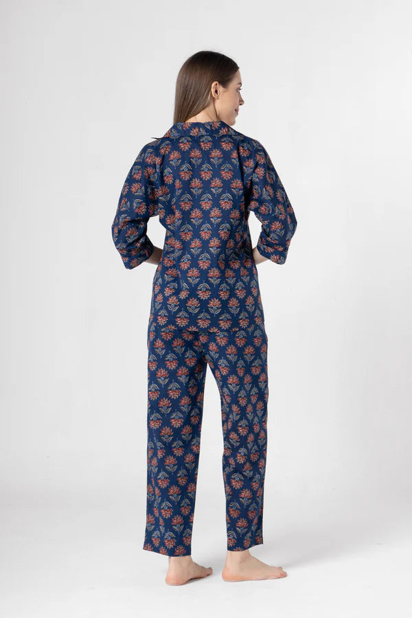 Blue Flower Printed Cotton Night Suit Set