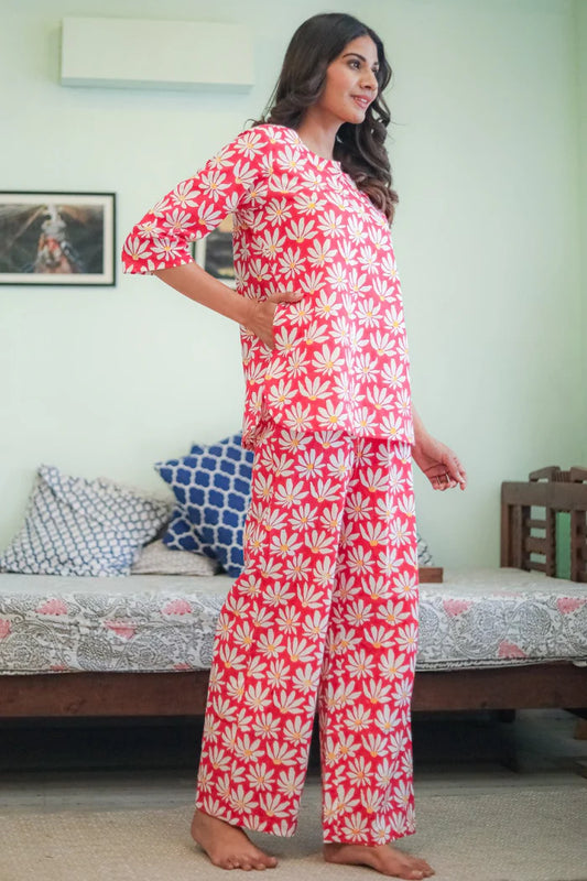 'Blush Floral' Handblock Printed Pure Cotton Night Suit