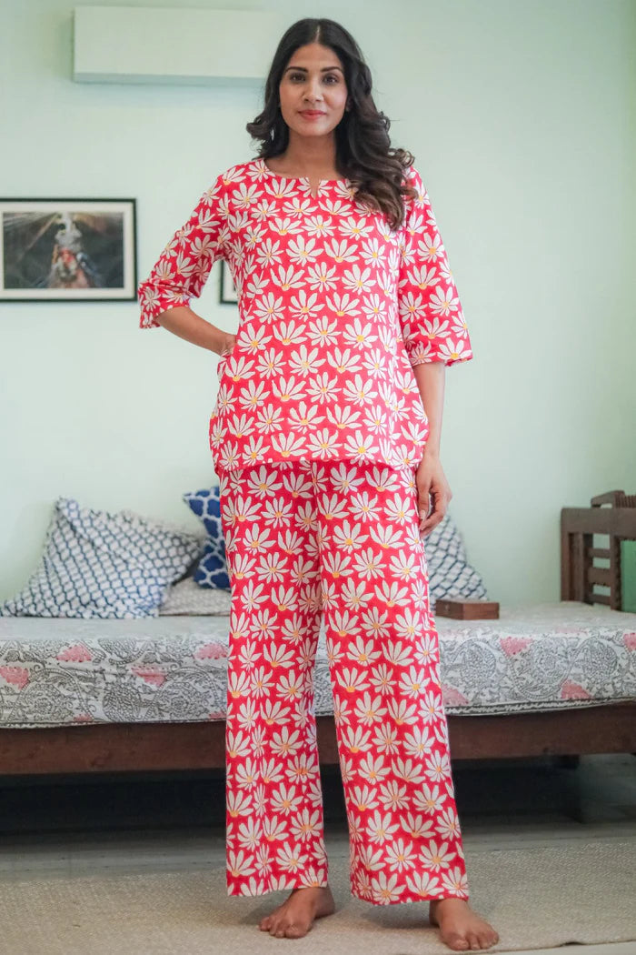 'Blush Floral' Handblock Printed Pure Cotton Night Suit