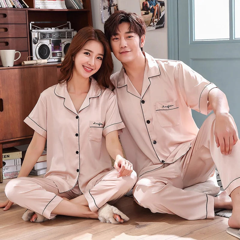Ladies Pyjamas Silk satin 2pcs Sleepwear Pajamas Women Men Couple