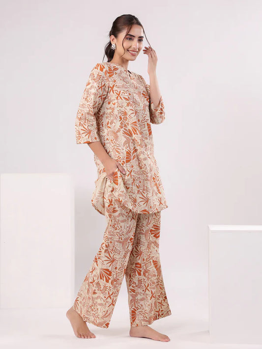 Orange Printed Cotton Night Suit Set