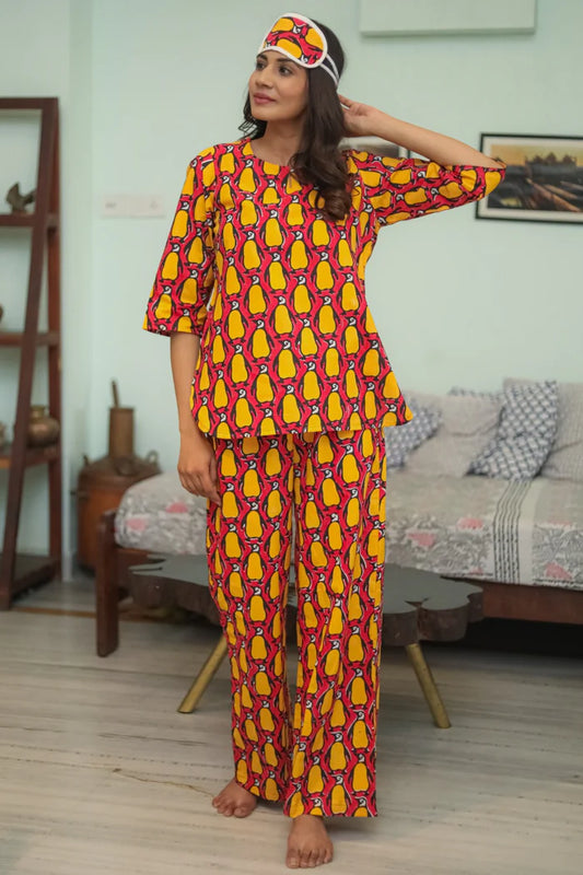 'Penguin Fiesta' Handblock Printed Pure Cotton Night Suit