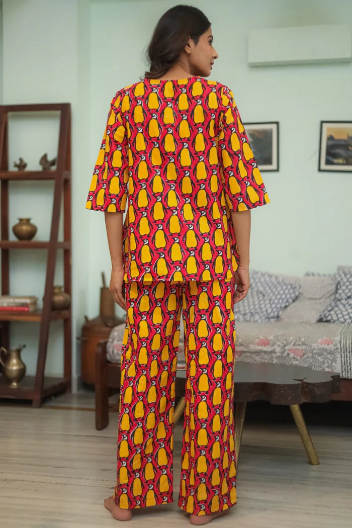 'Penguin Fiesta' Handblock Printed Pure Cotton Night Suit