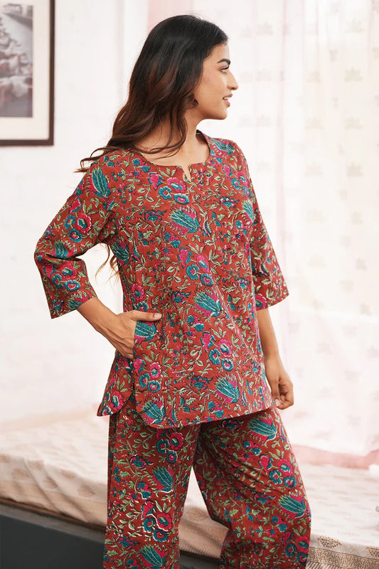 Rustic Scarlet Forest Block Printed Night suit