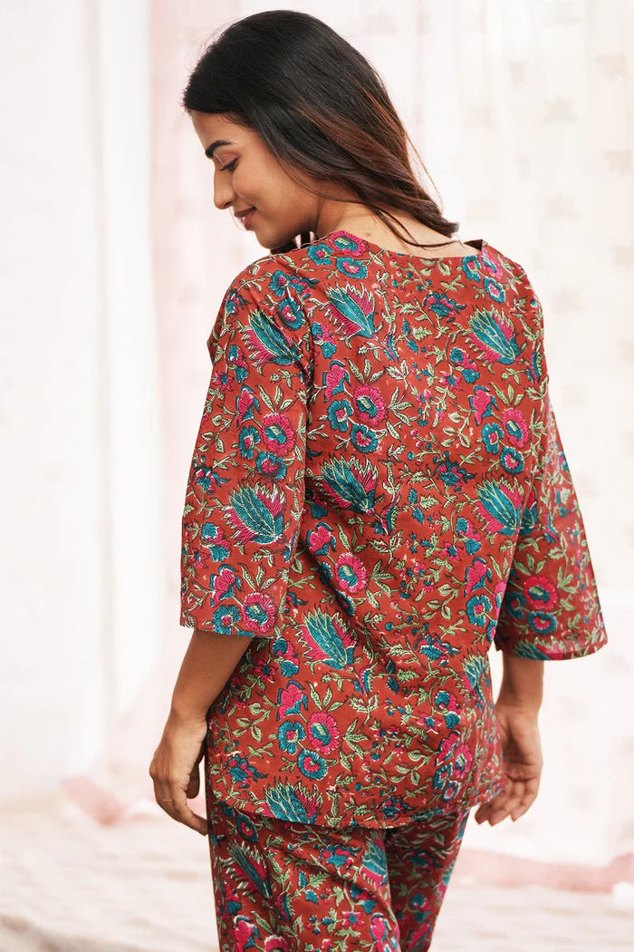 Rustic Scarlet Forest Block Printed Night suit