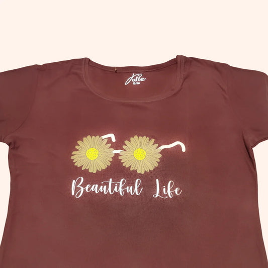 Brown Beautiful Life Pajama Set for Women – Printed Soft Nightwear