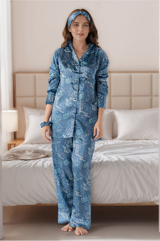 Printed silky finish night wear pajama set