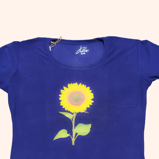 Blue Sunflower Pajama Set for Women – Nightwear with Check Trousers