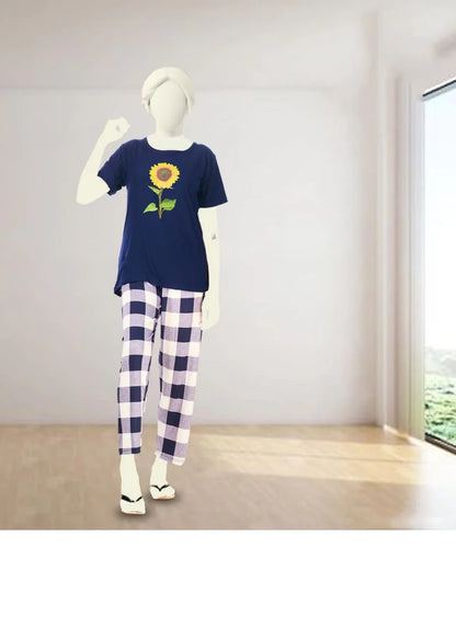 Blue Sunflower Pajama Set for Women – Nightwear with Check Trousers