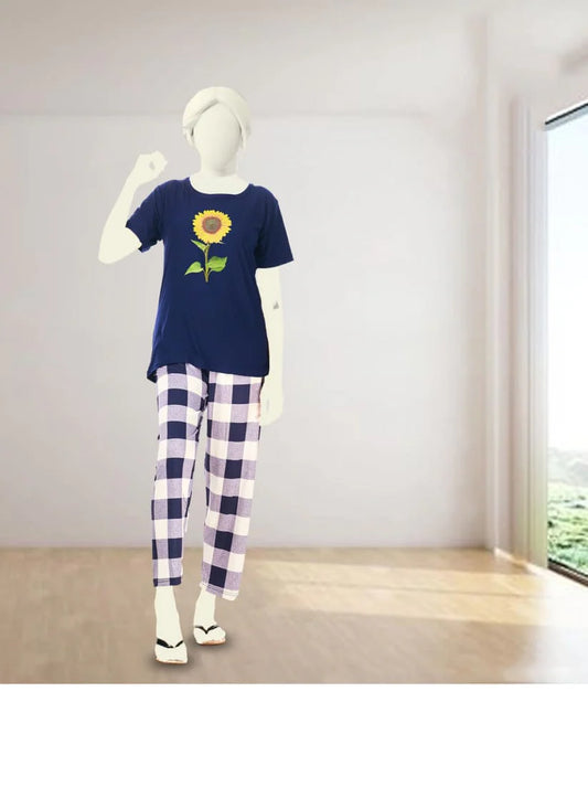Blue Sunflower Pajama Set for Women – Nightwear with Check Trousers