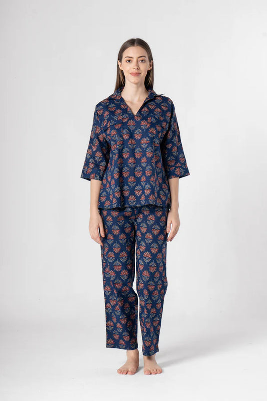 Blue Flower Printed Cotton Night Suit Set
