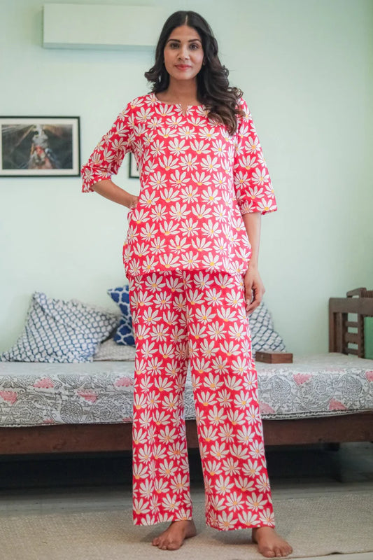 'Blush Floral' Handblock Printed Pure Cotton Night Suit