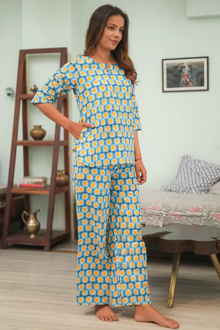 'Flower Dream' Handblock Printed Pure Cotton Night Suit