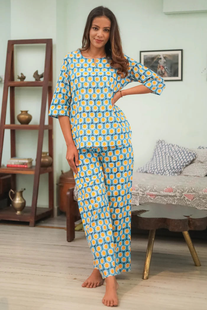 'Flower Dream' Handblock Printed Pure Cotton Night Suit