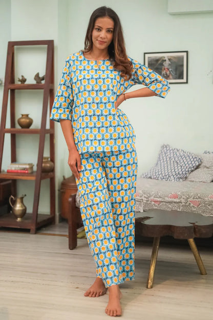 'Flower Dream' Handblock Printed Pure Cotton Night Suit
