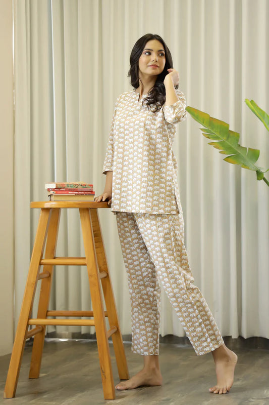 Brown Cotton Elephant Print Night Suit Set with Payjama