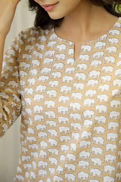 Brown Cotton Elephant Print Night Suit Set with Payjama