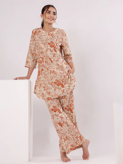 Orange Printed Cotton Night Suit Set