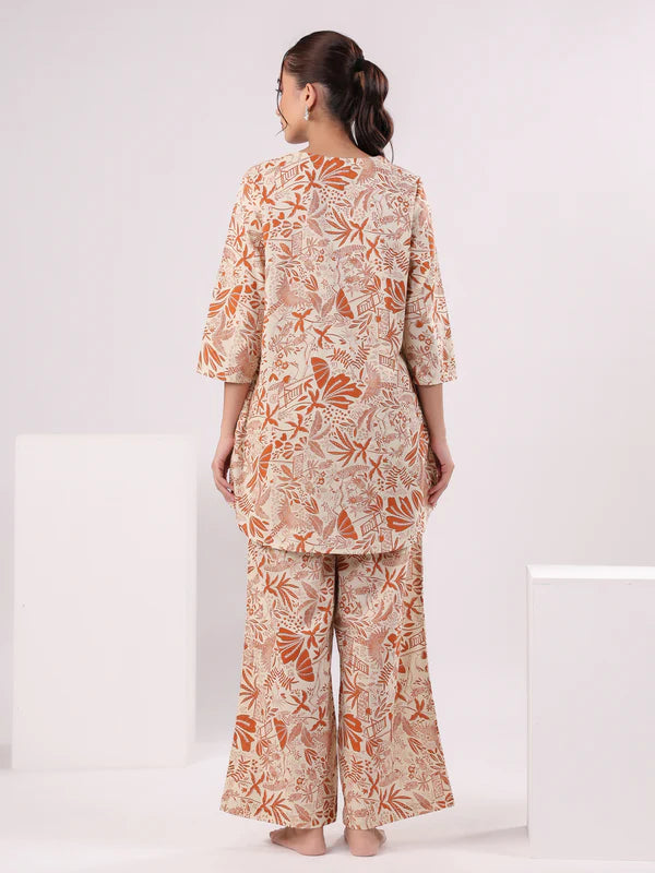 Orange Printed Cotton Night Suit Set