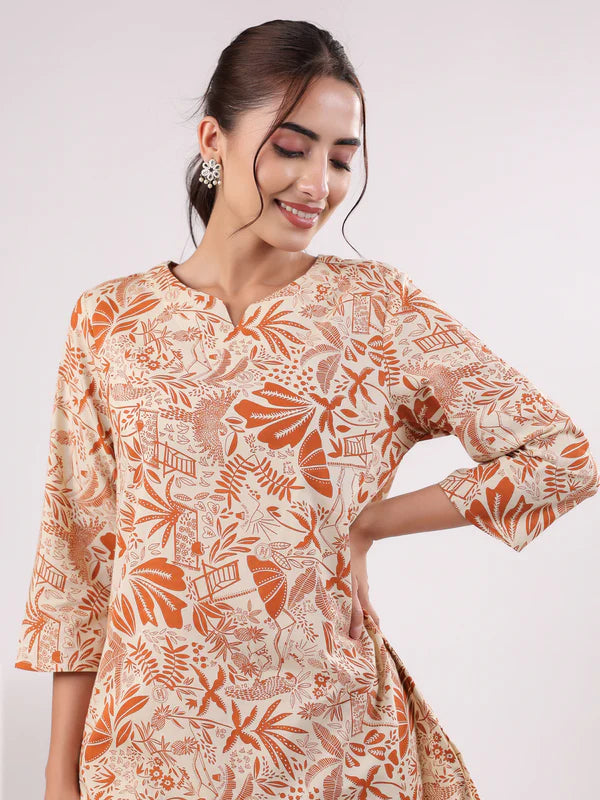 Orange Printed Cotton Night Suit Set