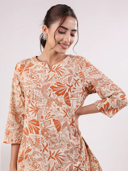 Orange Printed Cotton Night Suit Set