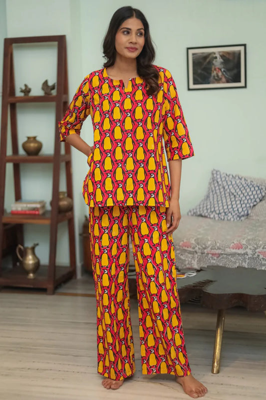 'Penguin Fiesta' Handblock Printed Pure Cotton Night Suit