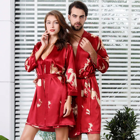 Summer New Couple Silk Satin Robe Suit Women Long Sleeve Bathrobe