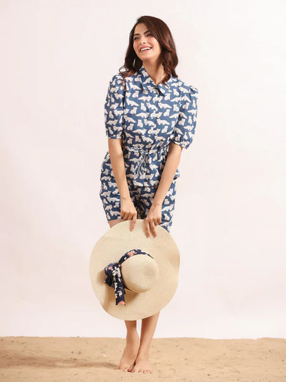 White & Blue Cats Shirt & Shorts Night Suit Set