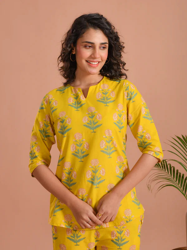 Yellow Flower Printed Cotton Night Suit for Women