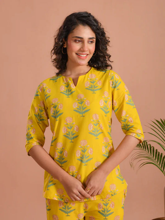 Yellow Flower Printed Cotton Night Suit for Women