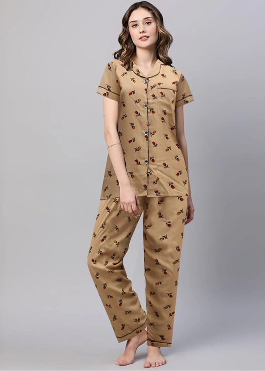 Beige Floral Pajama Set for Women – 2-Piece Nightwear in Pakistan