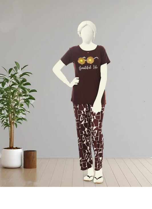 Brown Beautiful Life Pajama Set for Women – Printed Soft Nightwear