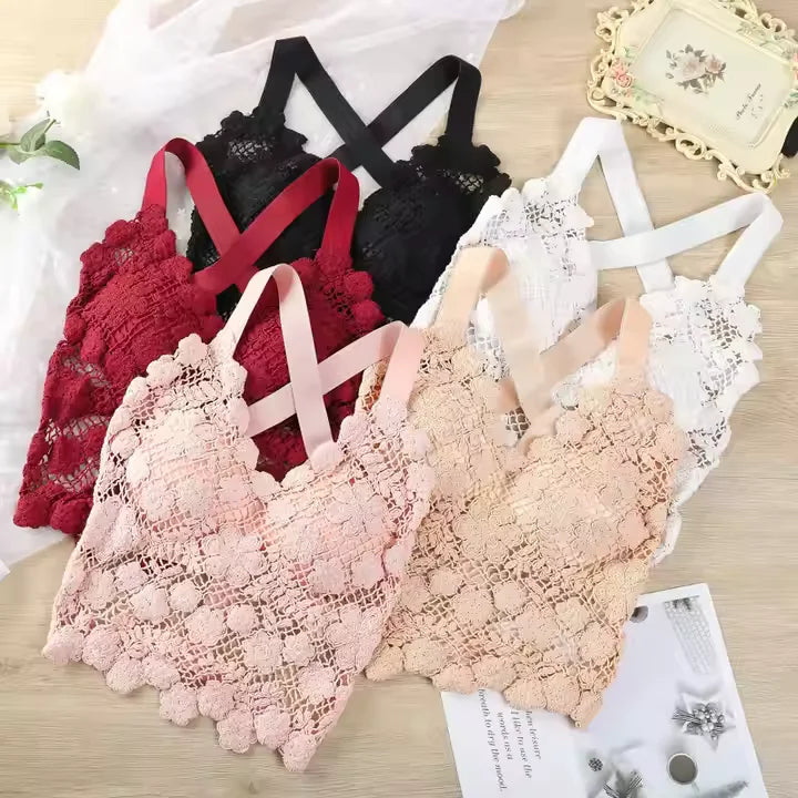 Floral Cross Back Lace Bra - Stylish Support with Sexy Cross Design