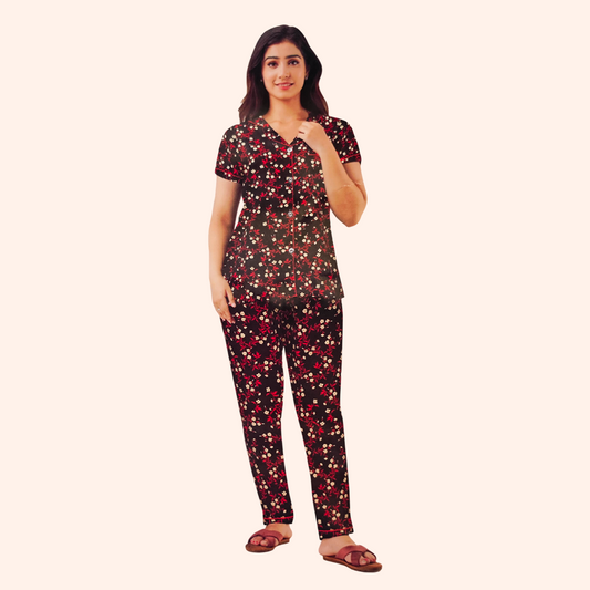 Floral Black Pajama Set – Night Suit for Girls