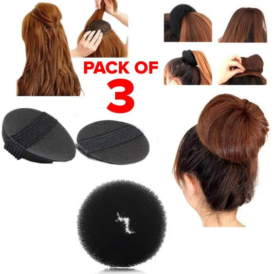 Hair Styling Puffs Pack of 3 - Puff and Donut Bun Maker Hair Accessory (Black)