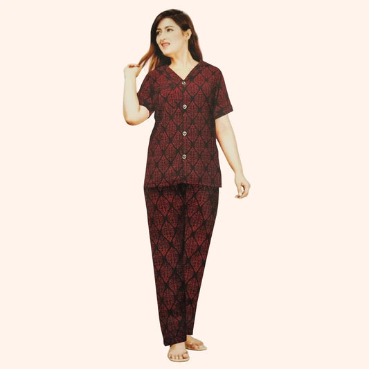 Red & Black Leaf Print Pajama Set for Women – Nightwear in Pakistan