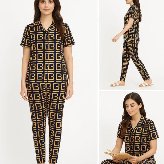 Midnight Grid 2 Piece Pajama Sets for Women - Button Down Nightwear