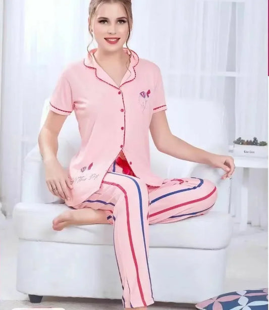 Pink Striped Pajama Set for Women – Soft Cotton 2-Piece Nightwear in Pakistan