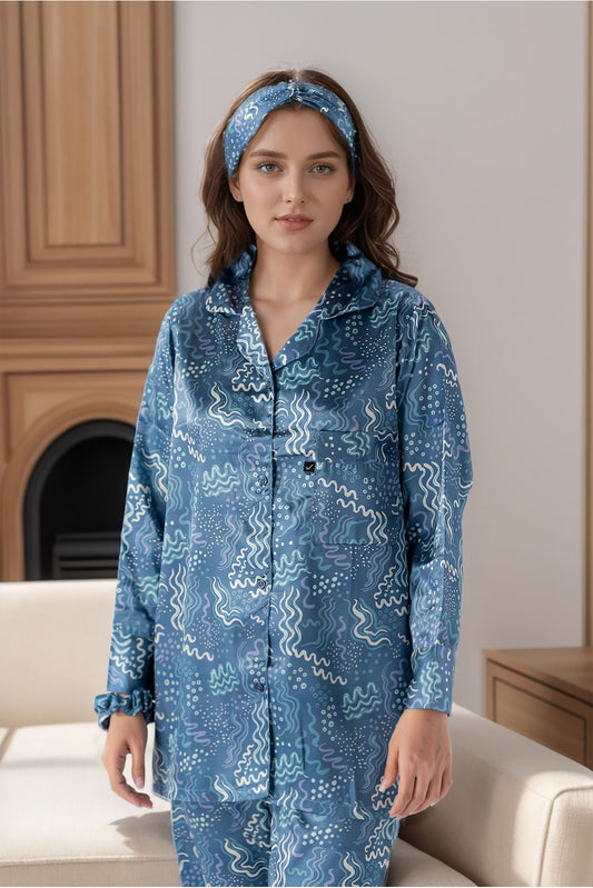 Printed silky finish night wear pajama set